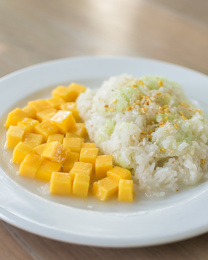 Vegetarian mango sticky rice served with coconut milk and ripe mango slices