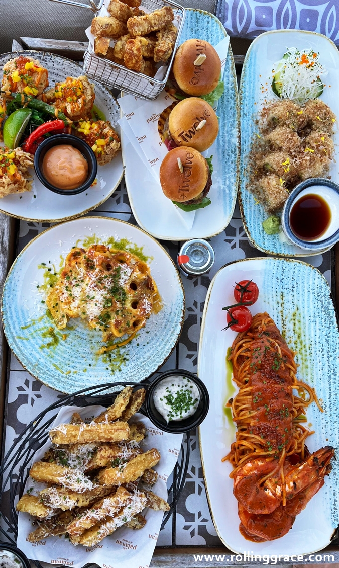 Assorted dishes from +Twelve Beach Club food menu featuring seafood, sharing plates, and beach club favourites