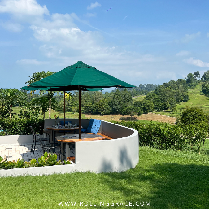 The Fat Frog Langkawi restaurant exterior with garden seating and open sky