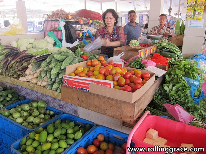 Colourful vegetables and fruits laid out at Tamu Kianggeh local market Brunei