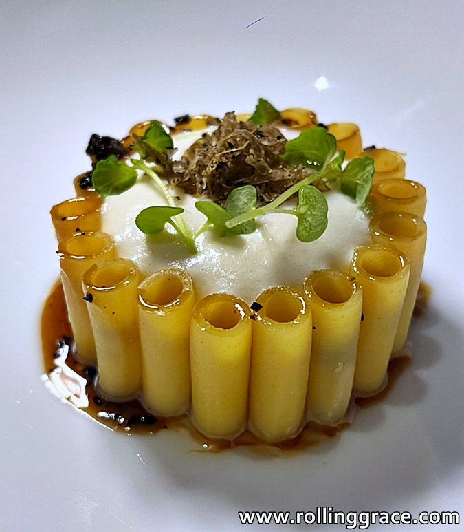 We Tried the 7-Course La Dégustation Menu at Sabayon EQ KL 6 Macaroni with mushrooms and truffle arranged in a cylindrical stack, Sabayon EQ Hotel Kuala Lumpur