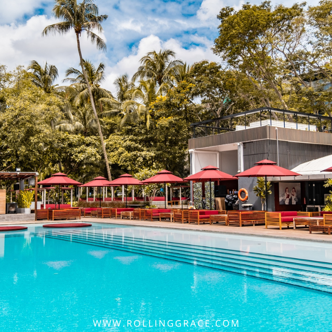 Rumours Beach Club entrance and pool area along Siloso Beach walk Sentosa Singapore