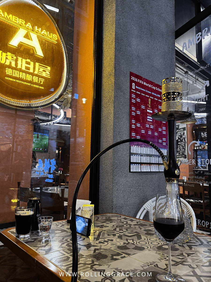 Shisha pipe and drinks on a table inside Ambra Haus bar on Nanjing East Road, Shanghai