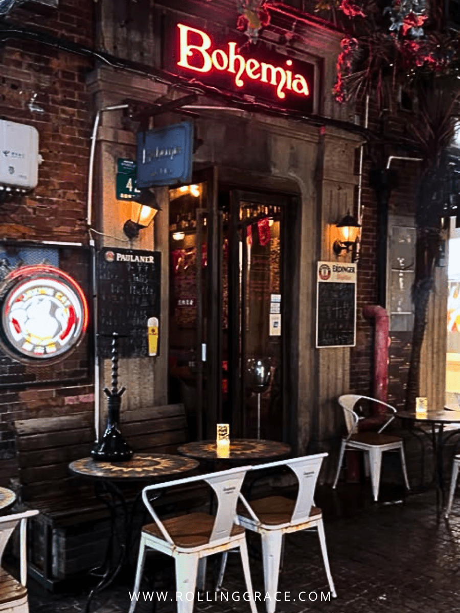 Exterior of Bohemia Cafe and Bar at night with terrace seating on Taikang Road, Tianzifang for shisha in Shanghai