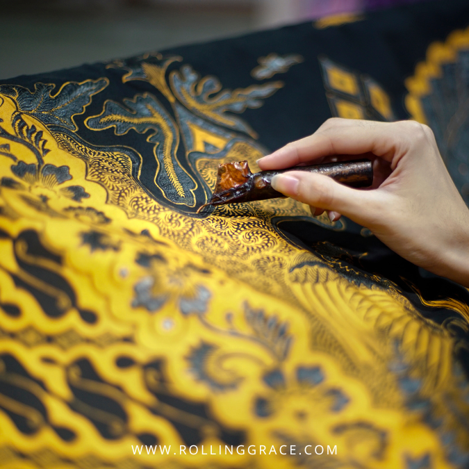 Malaysian batik wax resist dyeing process close up