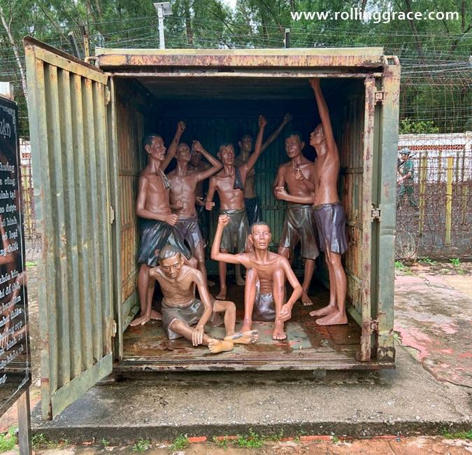 Outdoor exhibit at Phu Quoc Prison showing historical detention conditions