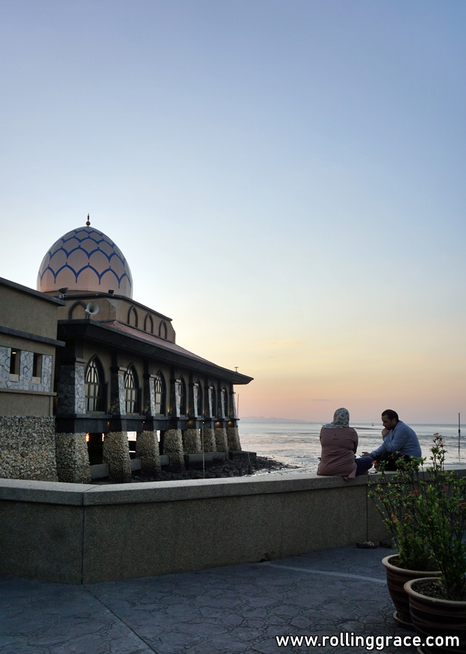 Masjid Al Hussain Kuala Perlis floating mosque at high tide over the Strait of Malacca