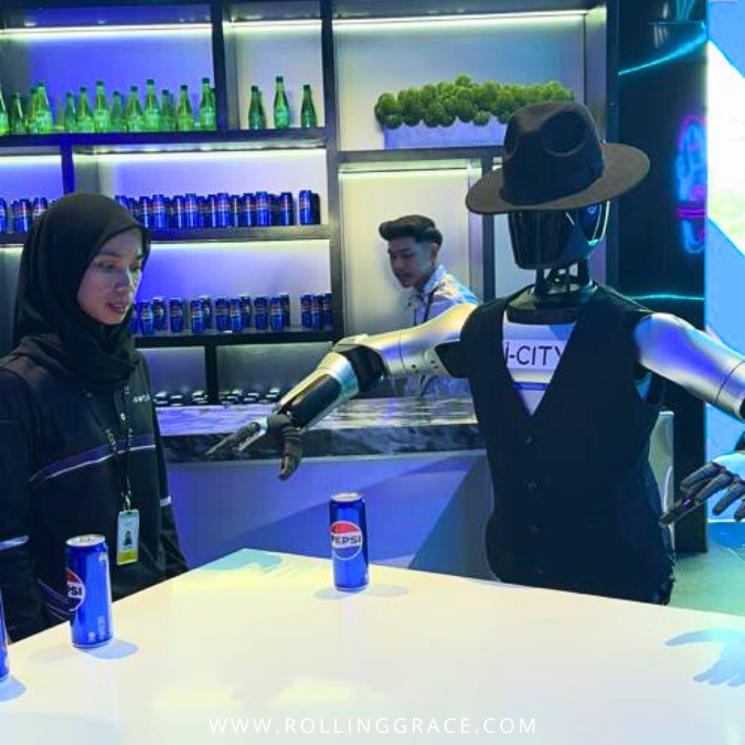 Humanoid robot serving drinks at a demonstration counter inside the AI World Experience Centre, Shah Alam.