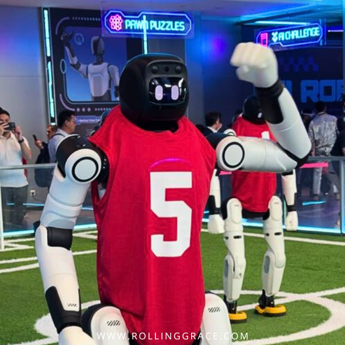 Humanoid robot wearing a sports jersey at the AI World Experience Centre, i-City.