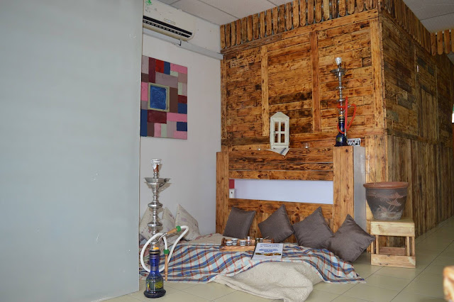 Shisha setup inside Alhamdulillah Restaurant Langkawi with traditional seating and Middle Eastern decor