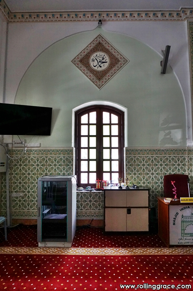 Masjid India Muslim Ipoh Perak: 7 Reasons to See the Mosque 10 Interior view of Masjid India Muslim Ipoh showing the main prayer hall with red carpet, mihrab, and symmetrical arches facing the qibla wall