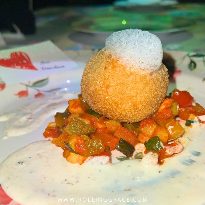 Wild mushroom arroncini ball with vegetable ratatouille and spinach foam at Le Petit Chef Kuala Lumpur