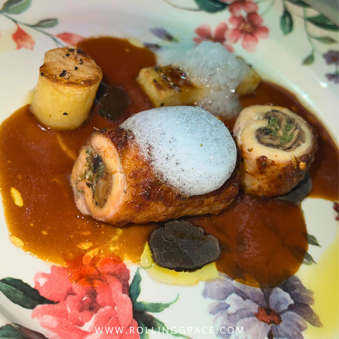 Le Petit Chef chicken roulade with truffle and rosemary reduction