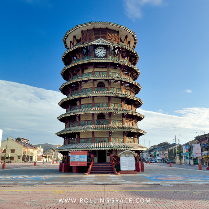 Leaning Tower of Teluk Intan in Perak with surrounding town buildings