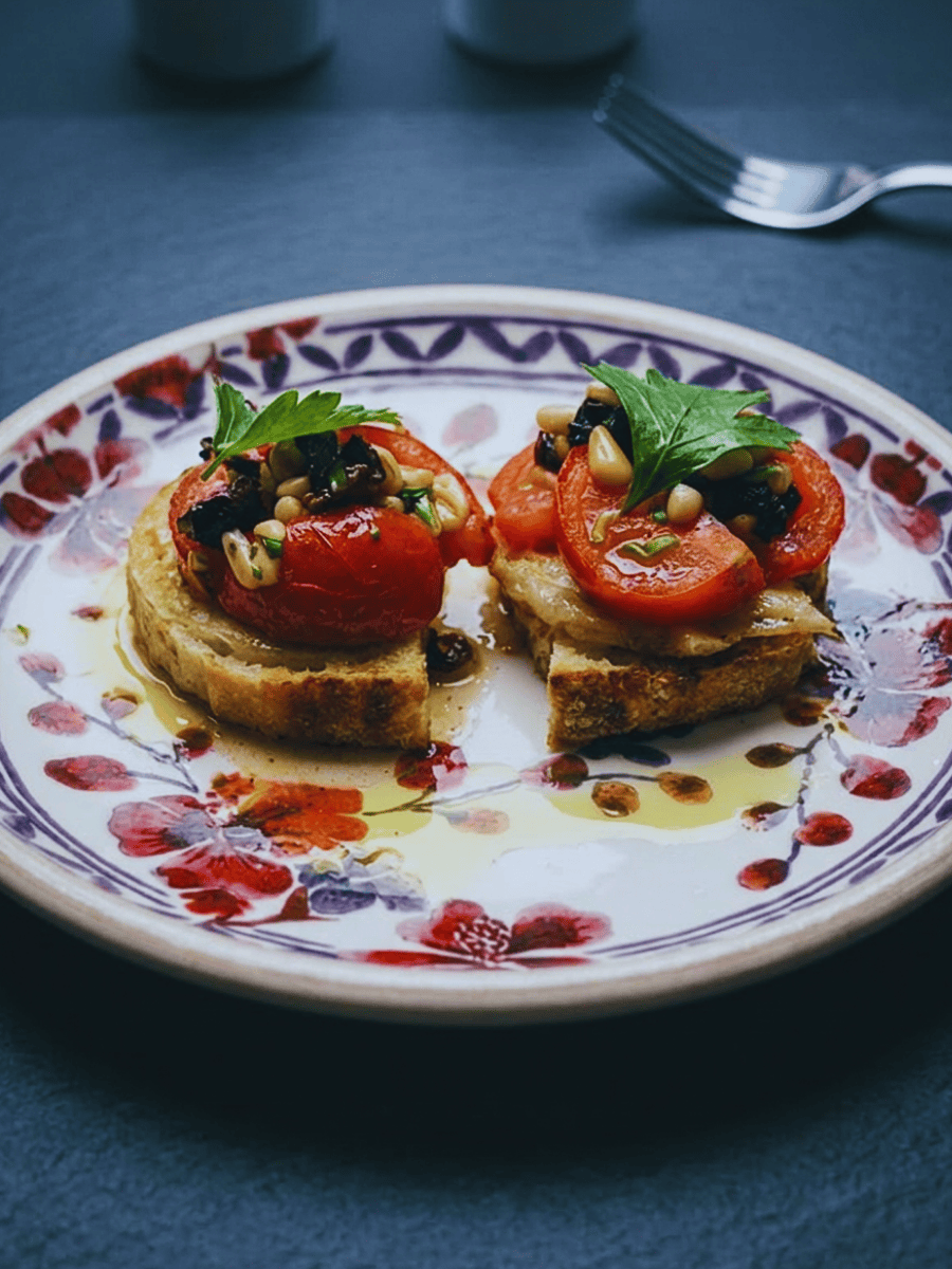 Tomato and herb crostini antipasti on a patterned plate at Osteria Mozza Singapore