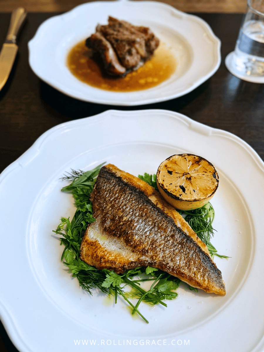 Whole sea bream with charred lemon and herbs beside grilled Iberico pork at Osteria Mozza Singapore
