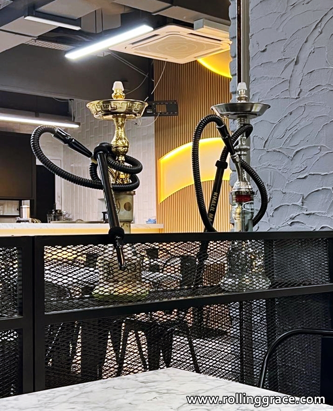 Safa Maag Plaza Damas shisha pipe setup at Middle Eastern restaurant