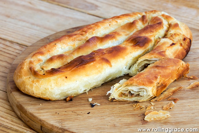 Sliced burek with meat traditional Balkan pastry