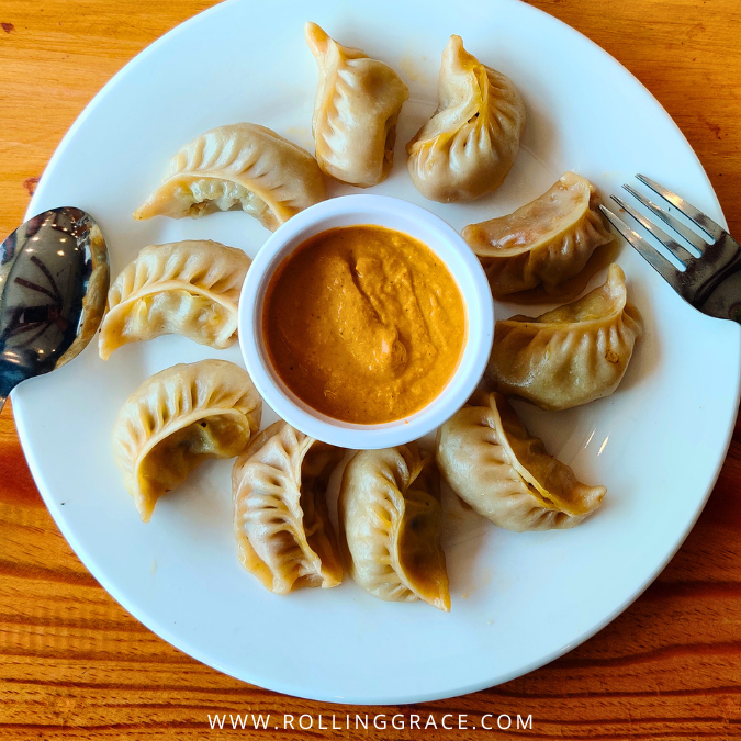 Steamed momo dumplings with chilli sauce at Deep Jyoti Restaurant KL