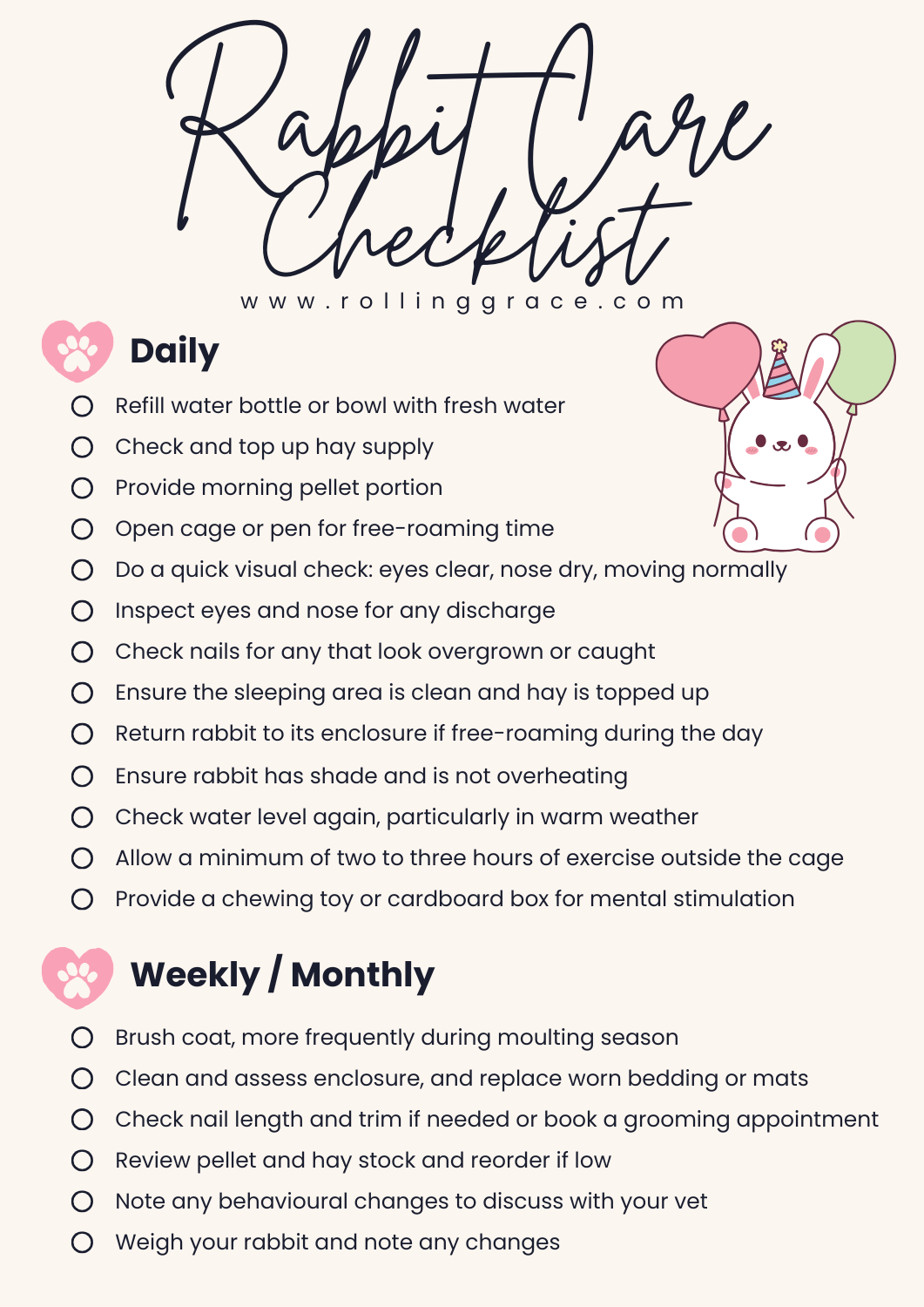 How to Care for a Pet Rabbit: 6 Tips Every Owner Must Know 6 Rabbit Care Checklist PDF by Rolling Grace
