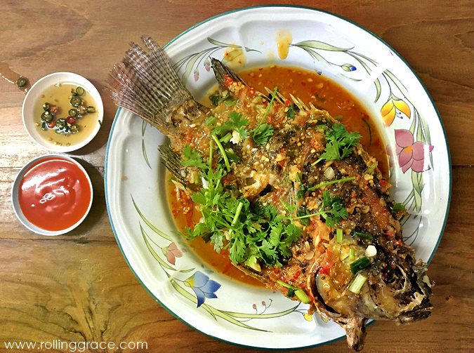 Crispy deep-fried fish served in spiced coconut curry broth, the Cambodian dish Trei Bung Kanh Chhet