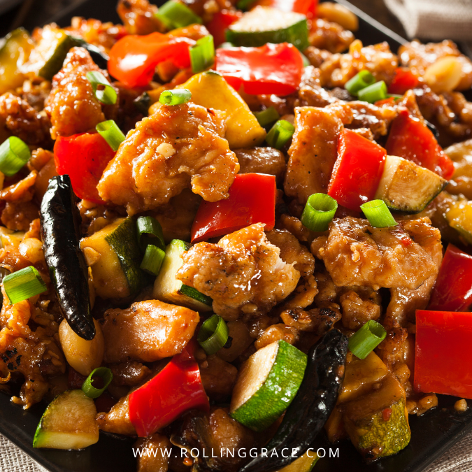 Kung Pao chicken stir-fried with dried chillies, peanuts and spring onions in Chengdu, Sichuan