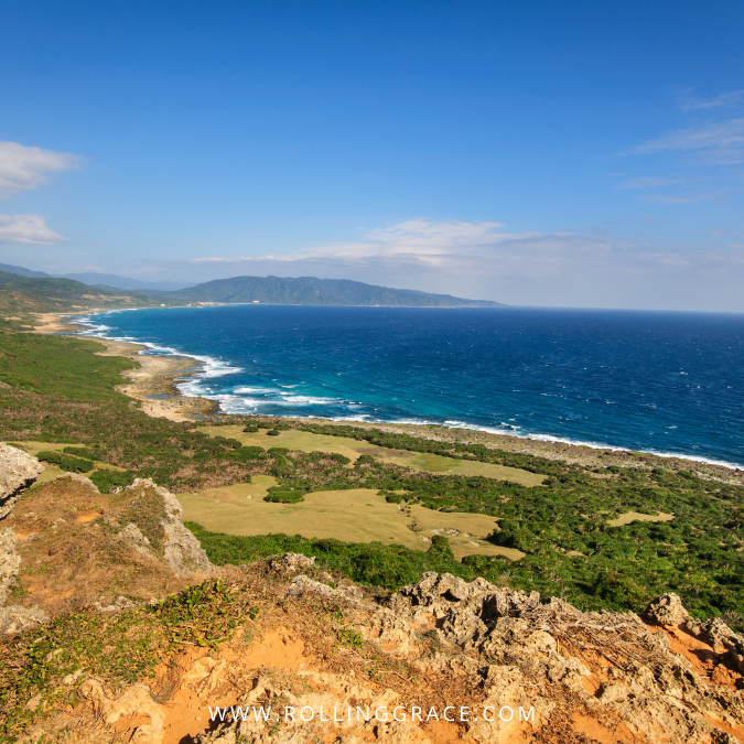 Aerial coastal view of Longpan Park with green cliffs and blue ocean, Southern Taiwan