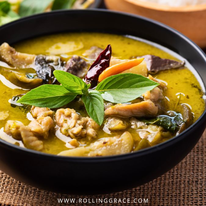 Bowl of samlor korkor, Cambodian fermented fish and vegetable stew with kroeung paste and seasonal greens