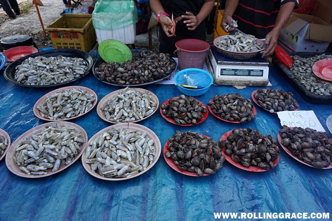 Bowls of fresh mollusks, shellfish, and local snacks displayed at the wet market section of Nat Pokok Getah in Perlis