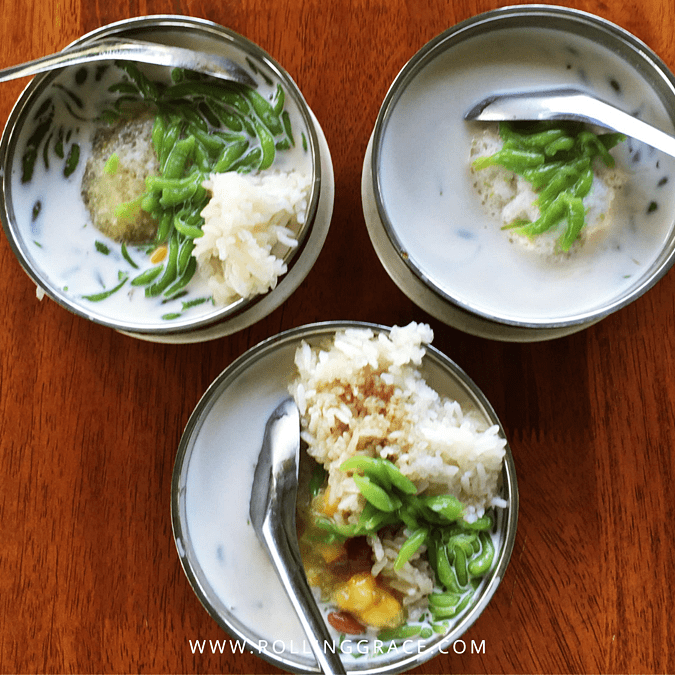 bowls of traditional cendol with green jelly and red beans under the Melaka sun