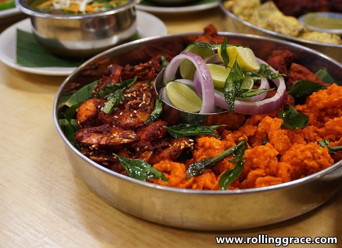 Curry leaf fried platter with squid, prawns, and chicken 65 in a wok at Curry Leaf Restaurant in Damansara Utama