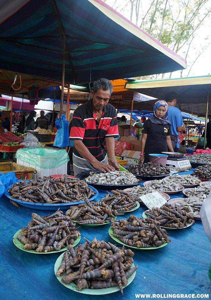 Bowls of fresh mollusks and shellfish displayed next to weighing scales at Nat Pokok Getah in Perlis