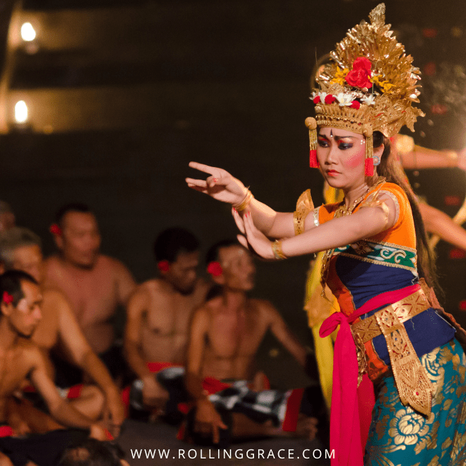 Traditional Balinese Kecak dance performer in costume at Tanah Lot temple