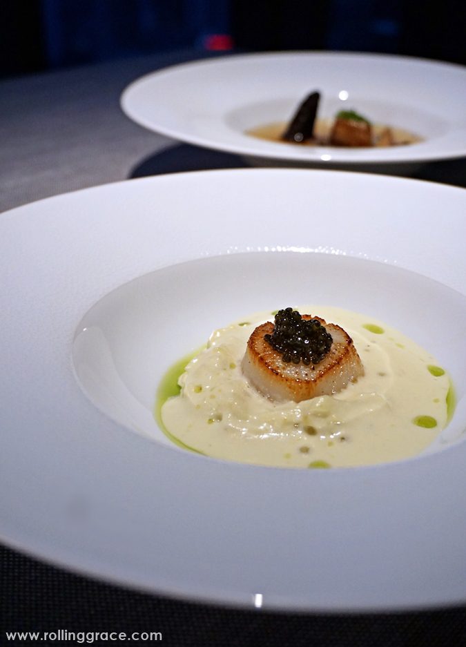 5 Ways Sabayon at EQ Rooftop Restaurant Aces KL Fine Dining 10 Plated scallop starter with caviar on white plate at Sabayon rooftop restaurant KL