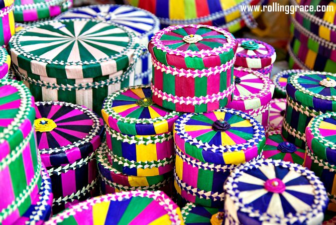 Colourful handwoven rattan baskets displayed at a Sarawak market stall, Borneo Malaysia