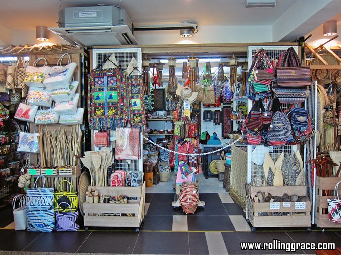 Indoor market stalls at the Miri Handicraft Centre filled with colourful Sarawakian crafts and souvenirs