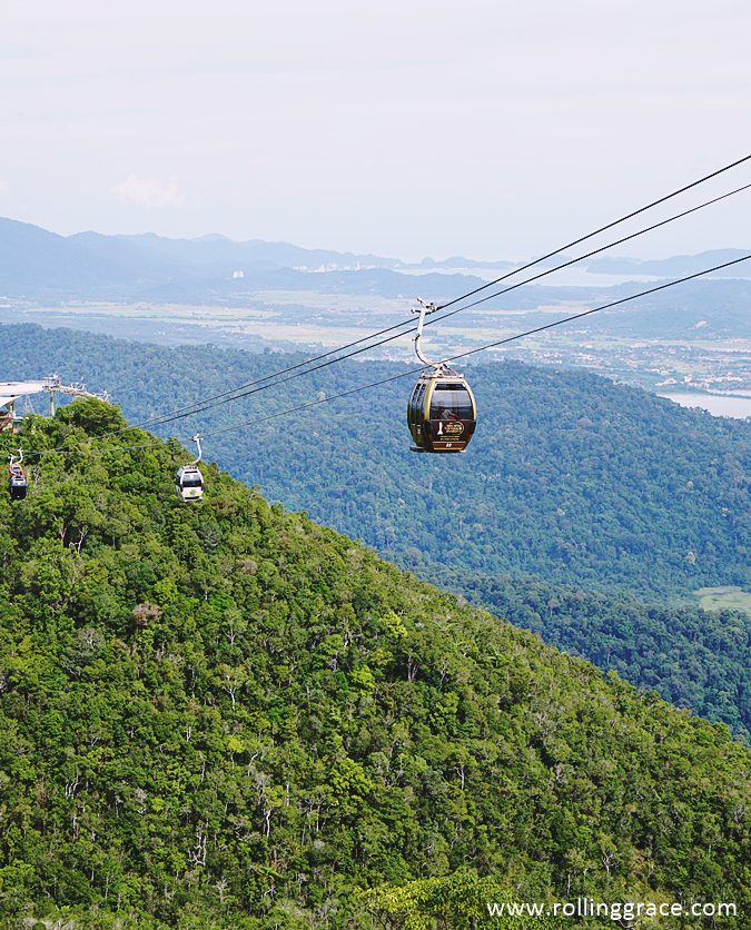 SkyCab gondola climbing above the rainforest canopy of Gunung Mat Cincang in Langkawi, Malaysia's highest cable car ride