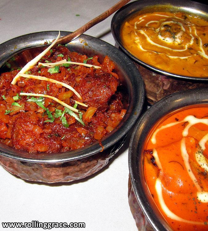 Ghee Roast Mutton and red curry served in black bowls at Tandoor Grill Ipoh, Greentown, Perak, Malaysia.