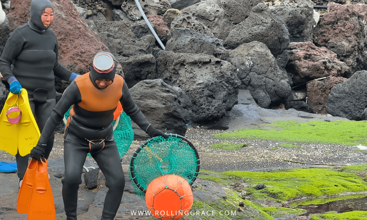 Two haenyeo divers in wetsuits carrying orange tewak floats and green nets on the algae-covered rocks of Jeju Island, South Korea.