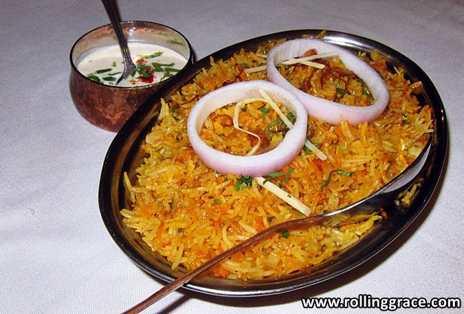 Masala biryani with fragrant basmati rice served in a black dish at Tandoor Grill Ipoh, Greentown, Perak.