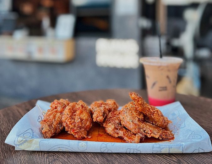 Sticky Thai chicken wings and milk tea at Ruang Parkir cafe, Jalan Merdeka, Kuching, Sarawak
