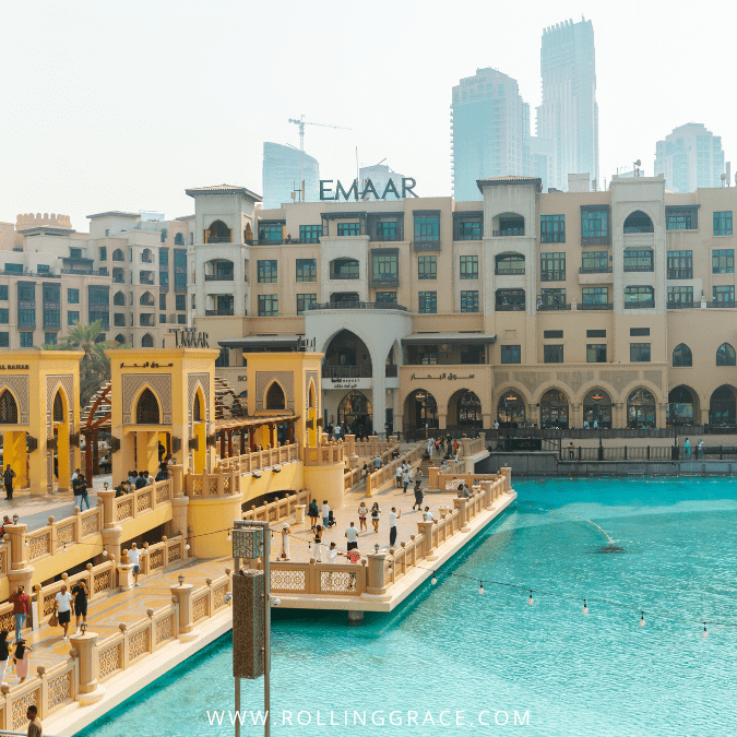 Souk Al Bahar waterfront market overlooking the canal with the Emaar skyline in the background, Downtown Dubai.