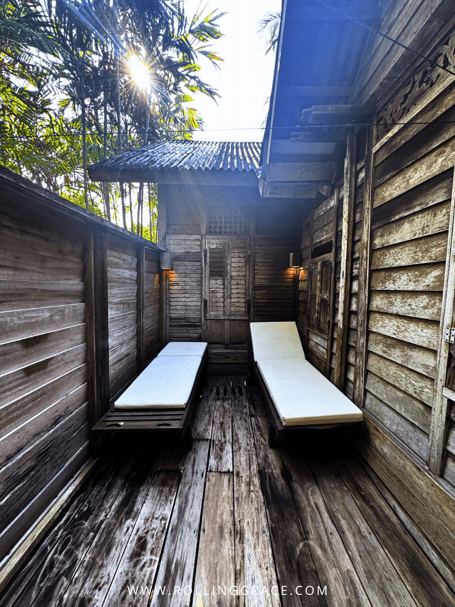 Sunbeds on the private outdoor deck of a heritage villa at Bon Ton Resort, Langkawi, Malaysia
