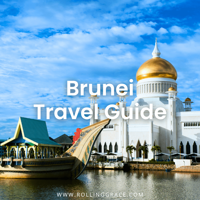 Brunei travel guide cover featuring Masjid Omar Ali Saifuddien gold dome and royal barge in Bandar Seri Begawan