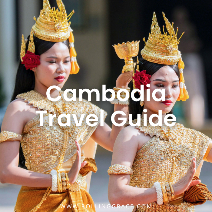 Cambodia travel guide cover featuring two Apsara dancers in traditional gold Khmer costumes