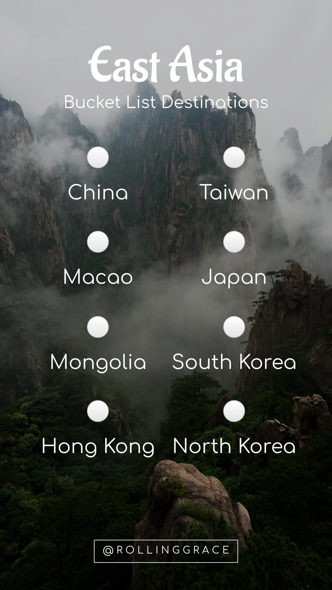 Free Instagram story travel template East Asia bucket list with China Japan South Korea Taiwan Hong Kong Macao Mongolia North Korea