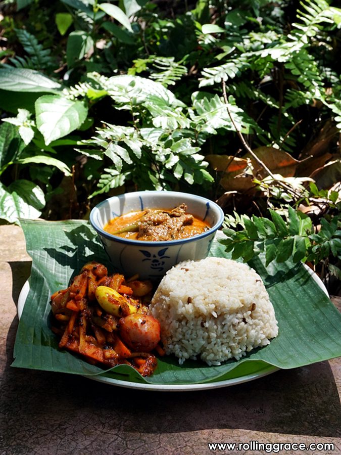 Gulai Daging Daun Kesum & Acar Rampai: 2 Easy Recipes 4 Cooking workstation with mortar pestle and prepared ingredients at Tropical Spice Garden Cooking School in Teluk Bahang Penang