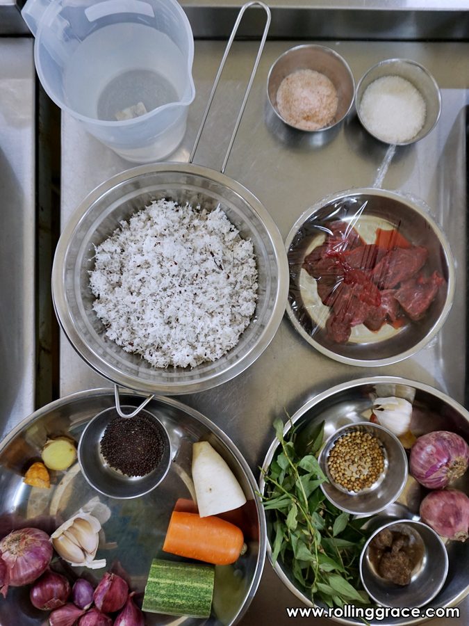 Gulai Daging Daun Kesum & Acar Rampai: 2 Easy Recipes 2 Cooking class setup with printed recipe card and fresh ingredients at Tropical Spice Garden Cooking School Penang