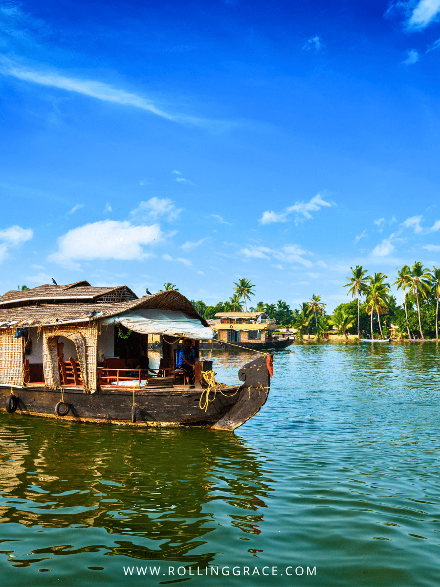 Traditional Kerala houseboat on the Alleppey backwaters, India, a model sustainable travel destination in Asia