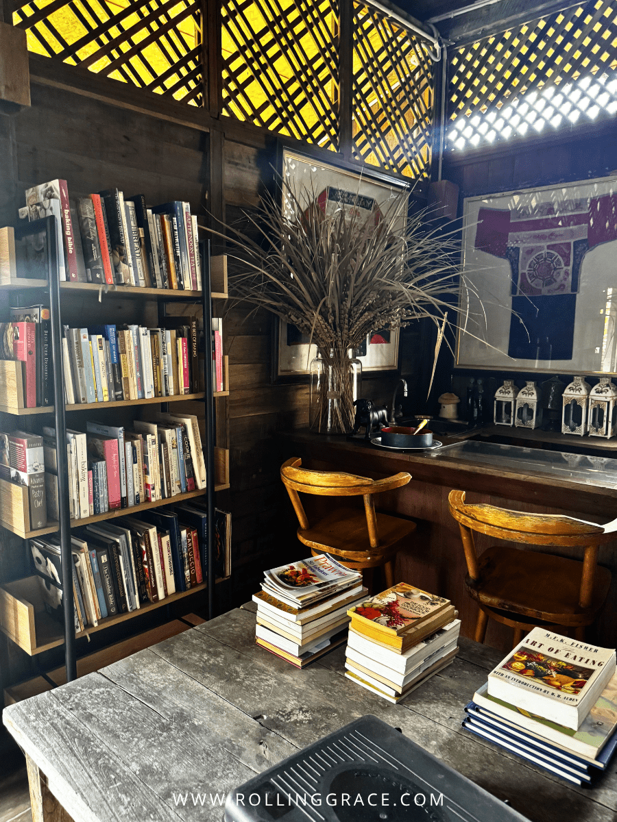 Cookbook shelves and counter at Nasi Cooking School inside the Stilt Antique Malay House, Bon Ton Locale in Langkawi.
